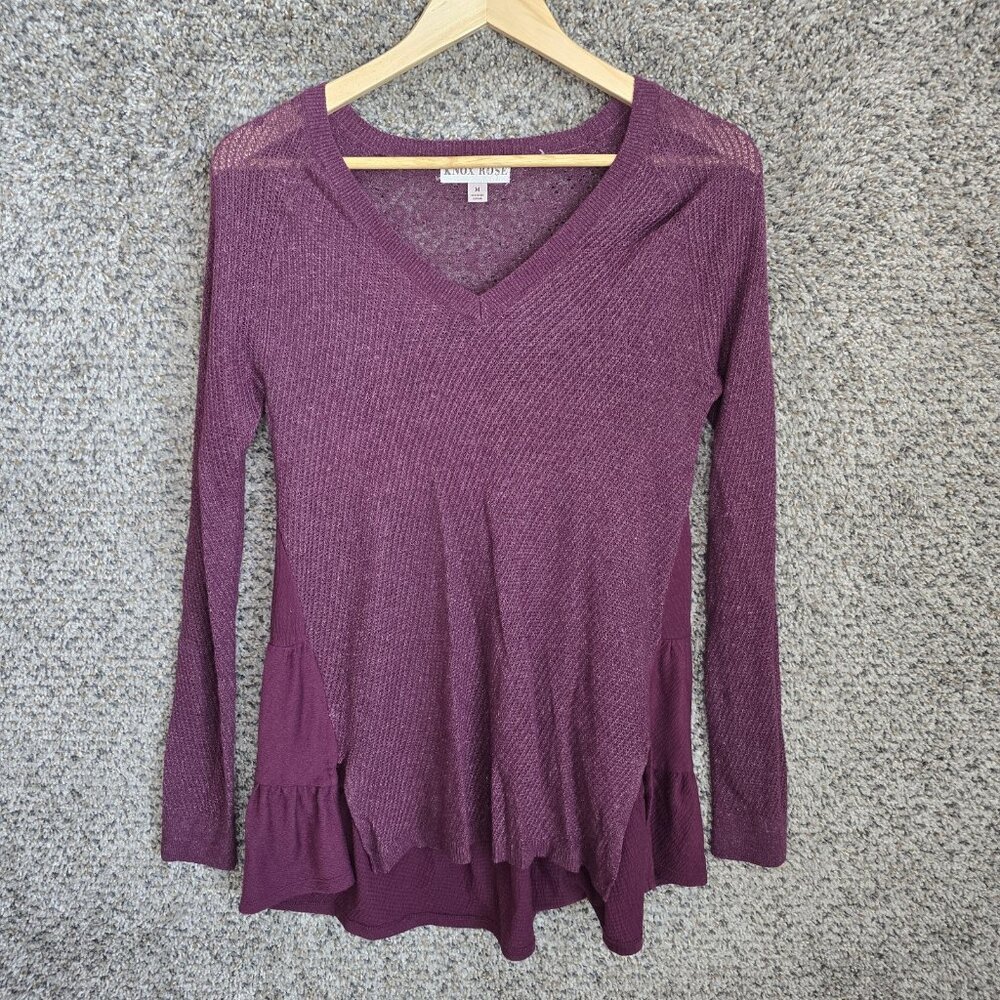 Knox Rose Top Womens Medium Purple Knit Tunic V Neck‎ Pullover Casual Boho